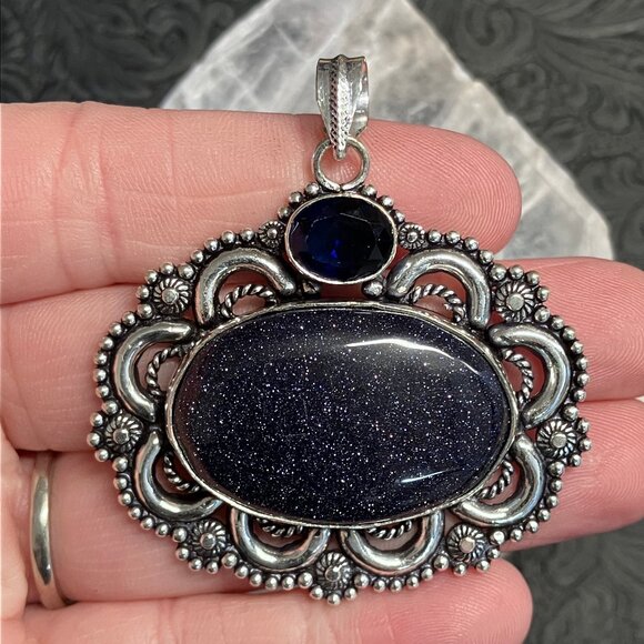 Blue Goldstone and Gem Bohemian Pendant Stone Crystal Jewelry - Picture 1 of 6